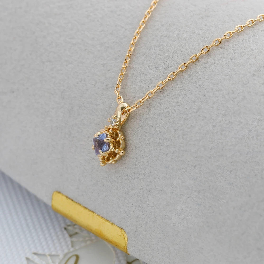 925 Sterling Silver 14K Gold Plated Gemstone Retro Hollow Flower Geometric Square Stone Tanzanite Necklace