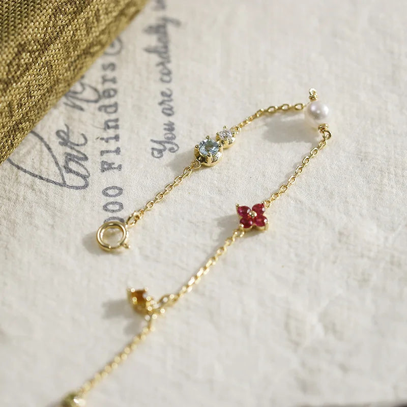 Emotional 925 Sterling Silver 14K Gold Plated Gemstone Pearl Butterfly Small Fresh Four-Leaf Clover Red Corundum Bracelet