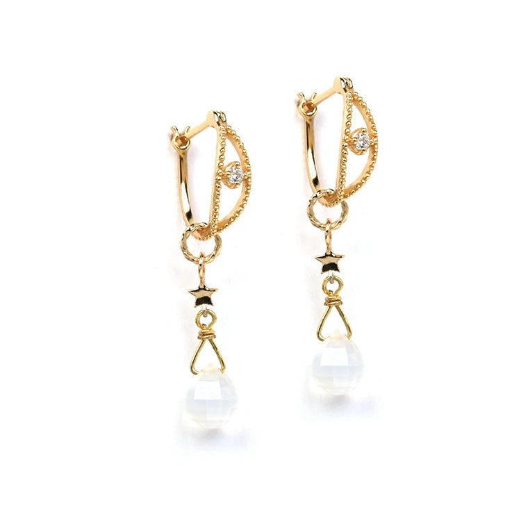 EmotiEmotional Factory 925 Sterling Silver 14K Gold Plated Gemstone White Chalcedony Premium ZIRCON Star Pendant Earrings