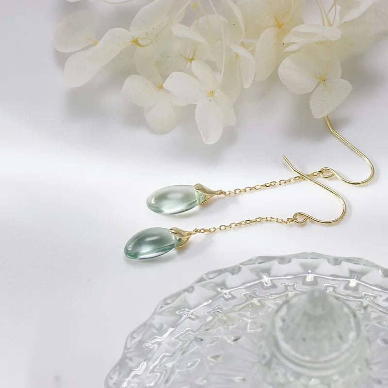 Emotional Factory 925 Sterling Silver 14K Gold Plated Gemstone Drop Green Quartzite Long Strip  Earrings