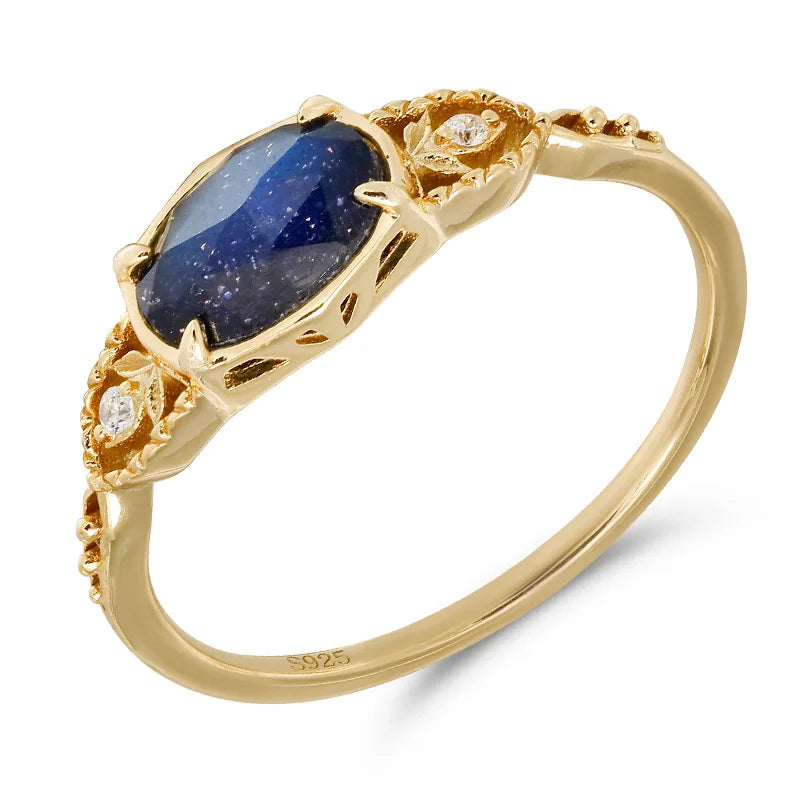Piedras Naturales Para Joyeria 925 Sterling Silver  Gold Plated Gemstone Cz Geometric Natural Labradorite Blue Sandstone Ring