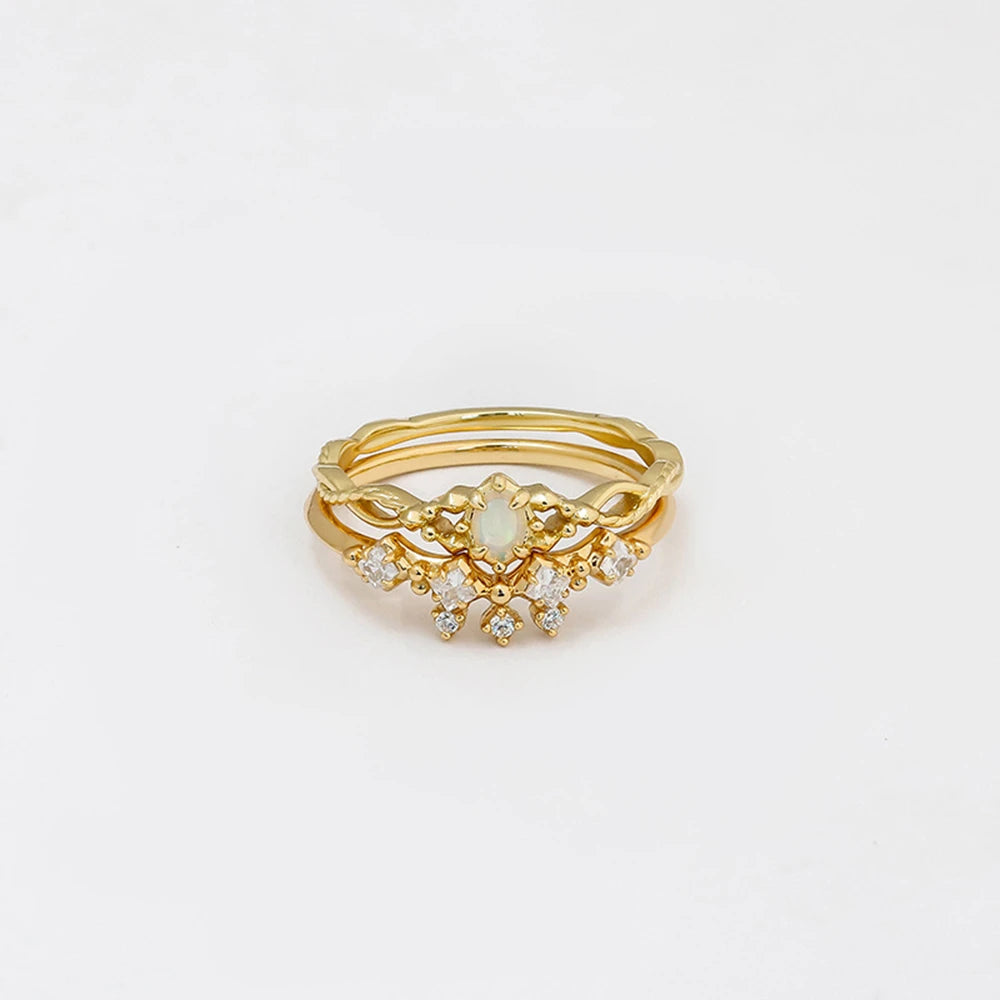 Emotional Anillos Verano Factory 925 Sterling Silver 14K Gold Plated Gem Stone Gemstone Irregular Rhombic Design Opal Ring Set