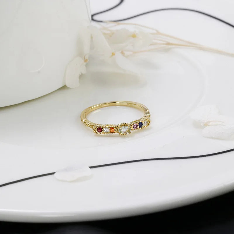 925 Sterling Silver 14K Gold Plated Synthetic Green Amethyst Red Blue Corundum Gemstone Colorful Zirconia Butterfly Ring