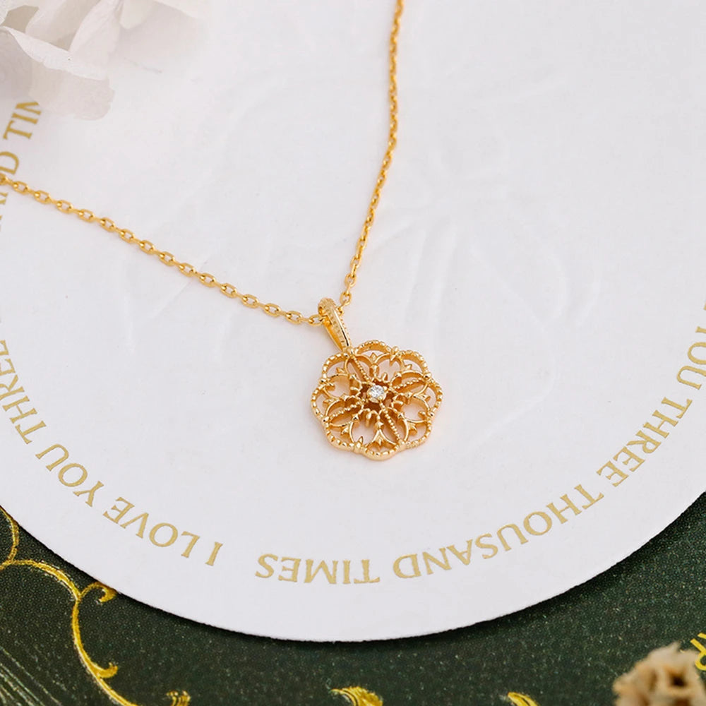 Emotional Factory 925 Sterling Silver 14K Gold Plated Gem Stone Gemstone Retro Hollow Camellia Flower Patterned Petal Pendant