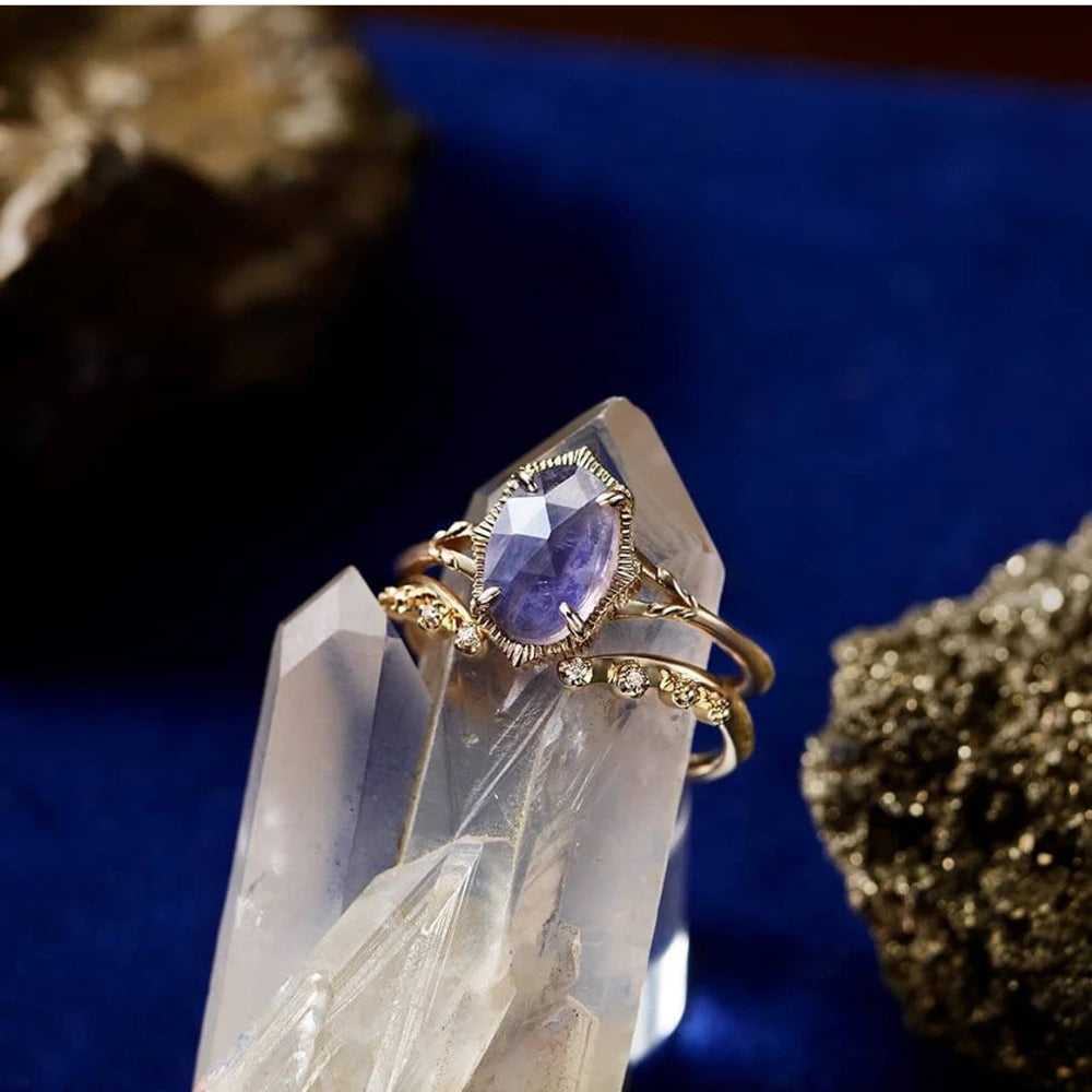 925 Sterling Silver 14K Gold Plated Gem Stone Night Sky Shooting Star Shaped Labradorite Cordierite Iolite Dichroite Ring