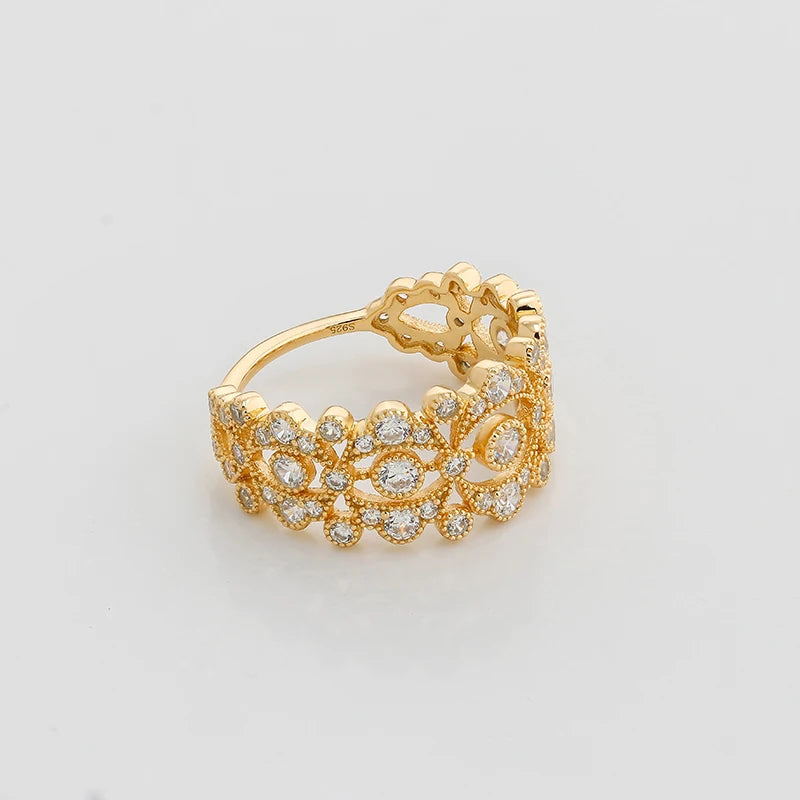 Dunli Jewelry 2024 Spring New Product Euroand American Style Lace Hollow Fashion High Grade Zircon Ring S925 Silver Plated Gold