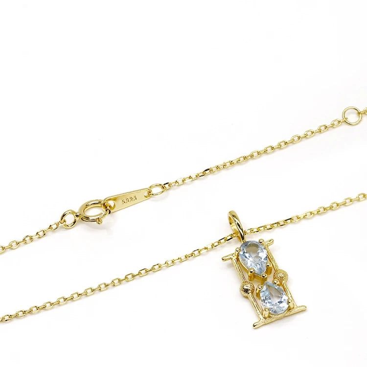 925 Sterling Silver 14K Gold Plated Gemstone Water Droplets Natural Sky Blue Topaz Hourglass Necklace