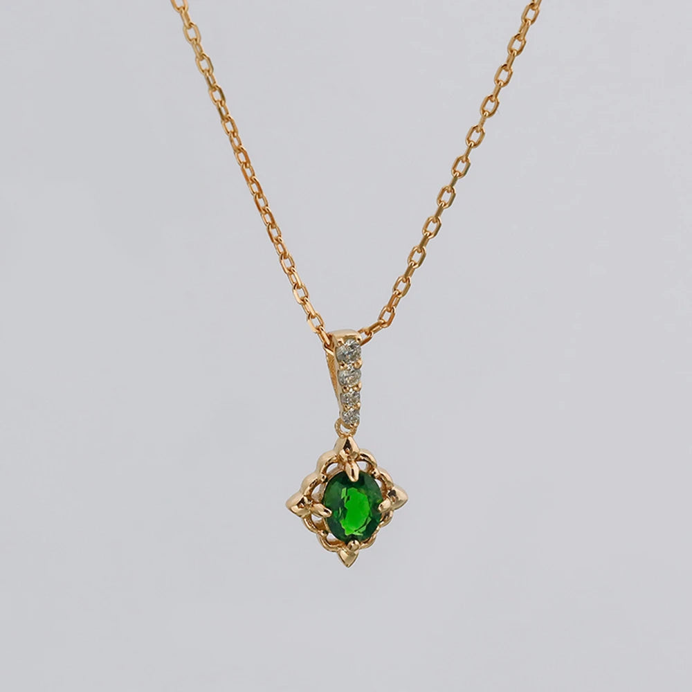 925 Sterling Silver 14K Gold Plated Gemstone Hollow Geometric Square Retro Cz Zircon Diopside Necklace