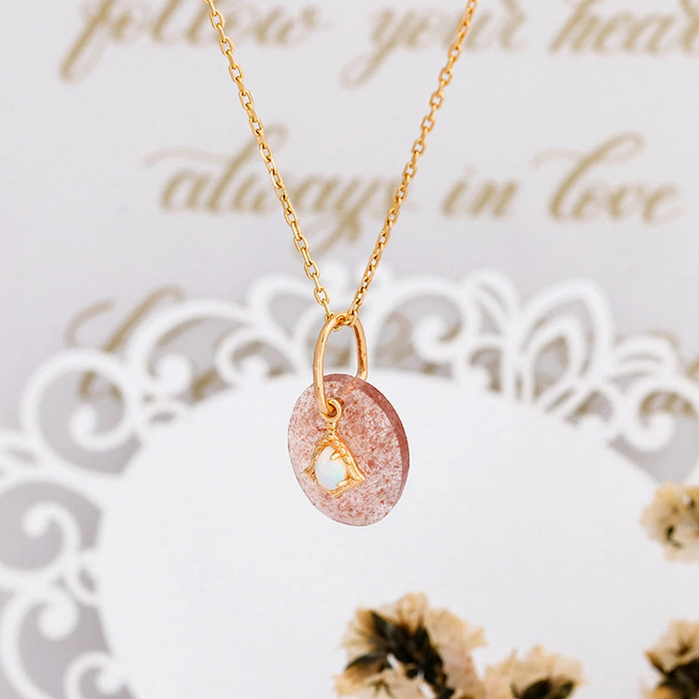 Emotional 925 Sterling Silver 14K Gold Plated Gem Stone Gemstone Geometric Egg Shape Cordierite Strawberry Quartz Pendant