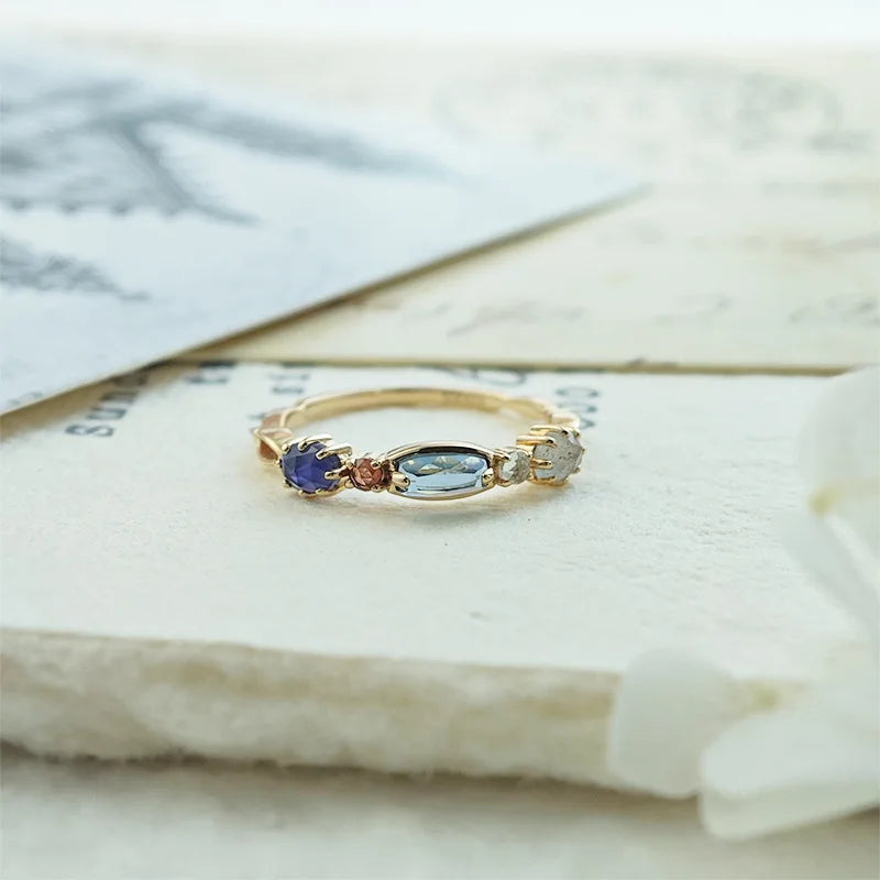 Emotional Factory 925 Sterling Silver 14K Gold Plated Gemstone Geometric Labradorite Topaz Cordierite Iolite Ring