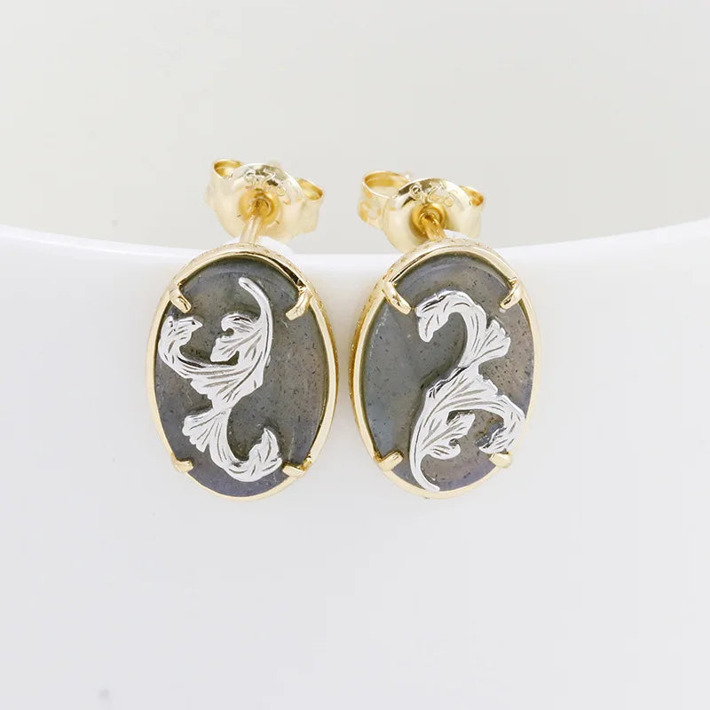 Emotional Factory 925 Sterling Silver 14K Gold Plated Gemstone Geometric Round Grassy Labradorite Earrings