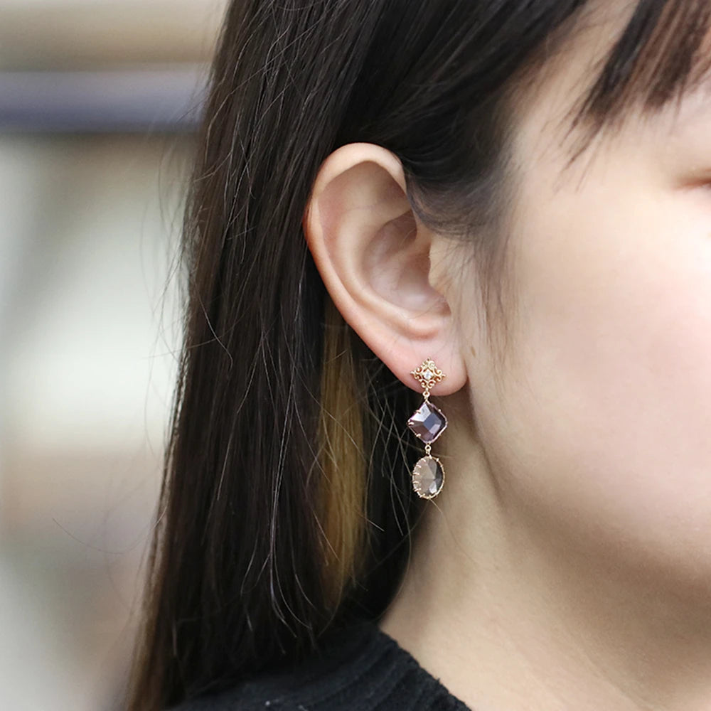 Factory Jewelry 925 Sterling Silver 14K Gold Plated Gemstone Series Crystal Brazilian Amethyst White Topaz Long Earrings