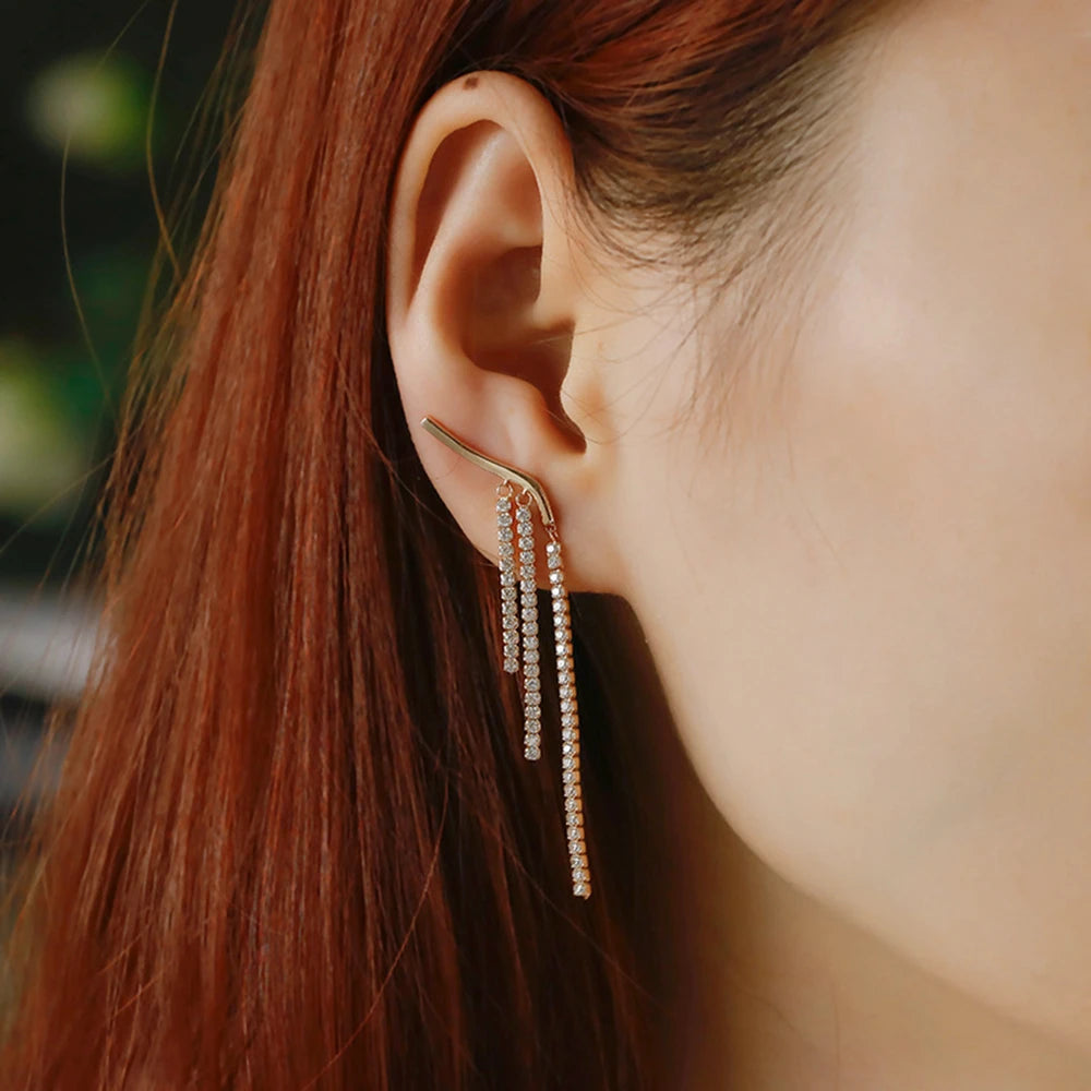 Emotional Factory 925 Sterling Silver 14K Gold Plated White Cz Zircon Tassels Tennis Chain Ear Clips Stud Pendant Earrings