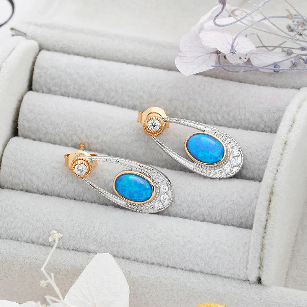925 Sterling Silver 14K Gold Plated Gem Stone Retro Hollow Vintage British Style Artificial Opal Combination Stud Earrings