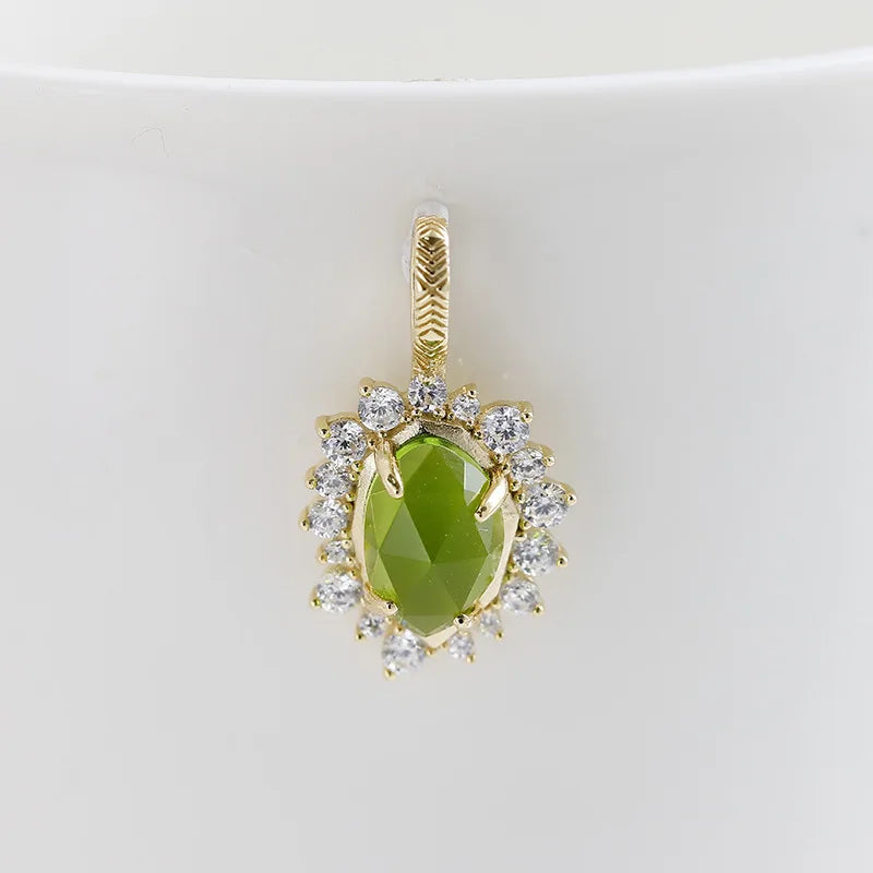 925 Sterling Silver 14K Gold Plated Gemstone Sun Shaped Peridot Glass Irregular Shape Pendant Vintage Necklace with Sample Chain