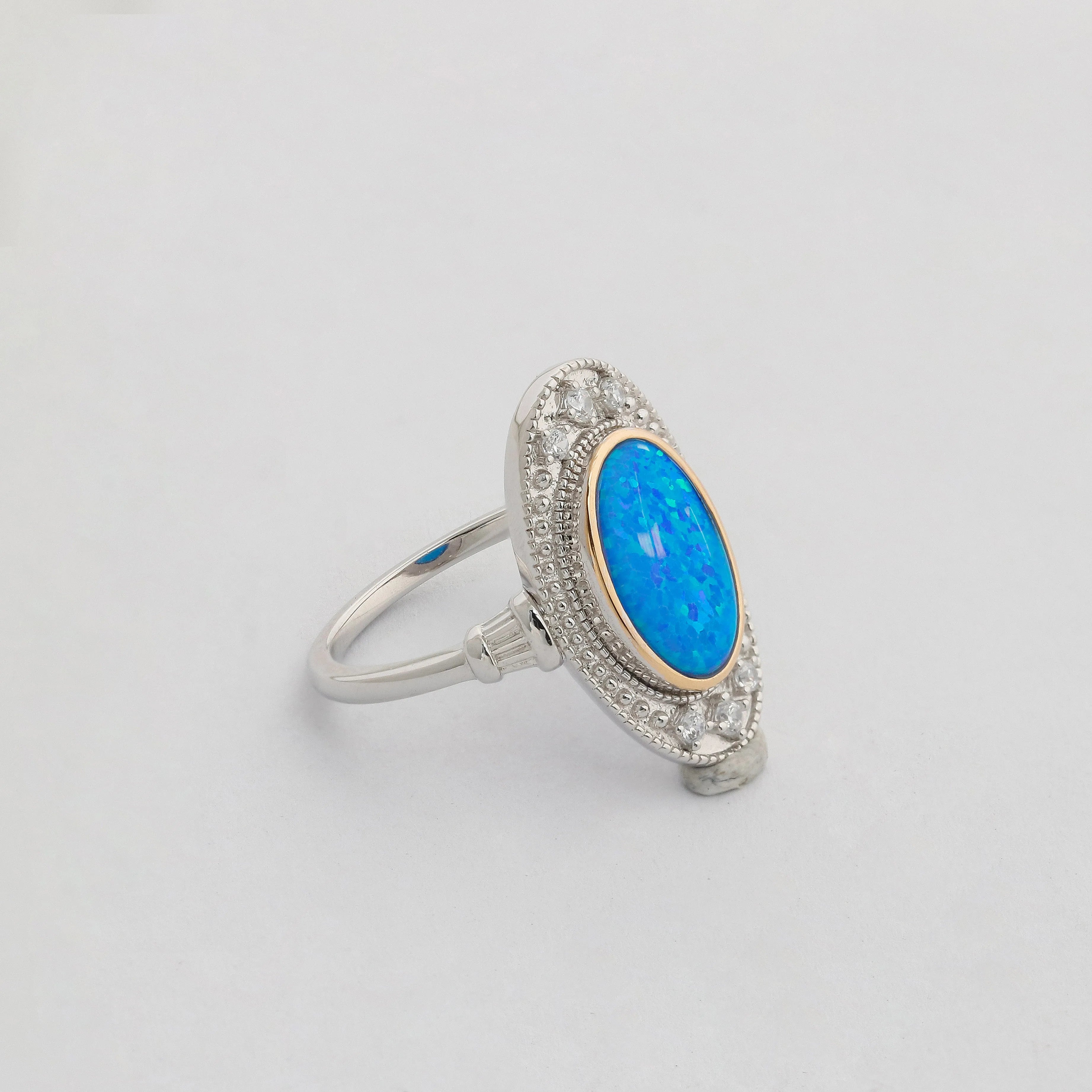 Vintage French Inspired British Style S925 Sterling Silver Ring With Artificial Opal Fine Jewelry