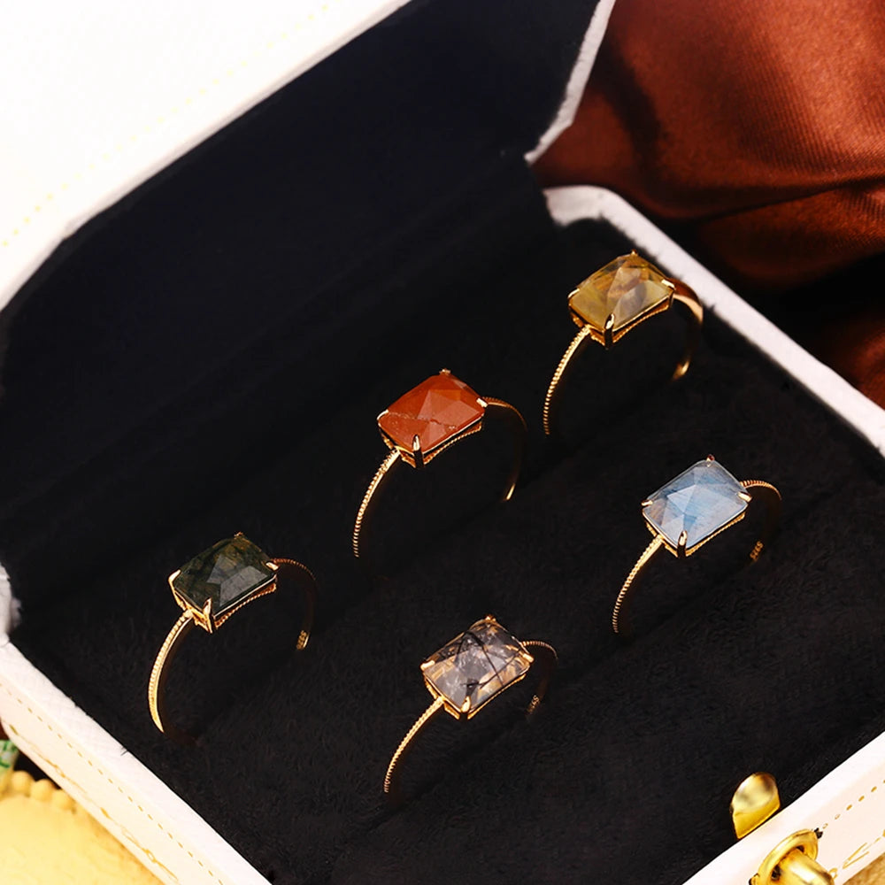 Emotional Factory 925 Sterling Silver Gem Stone Gemstone  Long Rectangular Hair Crystal Geometric Rings