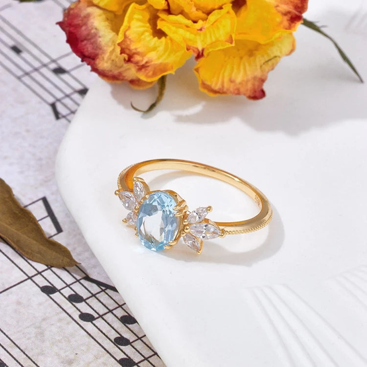 Emotional Factory 925 Sterling Silver 14K Gold Plated Gemstone Zircon Butterfly Shaped Sky Blue Natural Topaz Ring