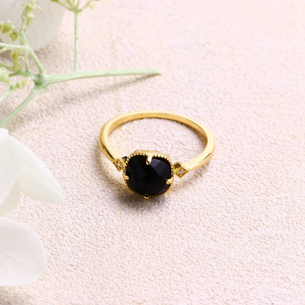 925 Sterling Silver 14K Gold Plated Gem Stone Gemstone Retro  Cz Zircon Geometric Square Black Agate Carnelian Onyx Ring