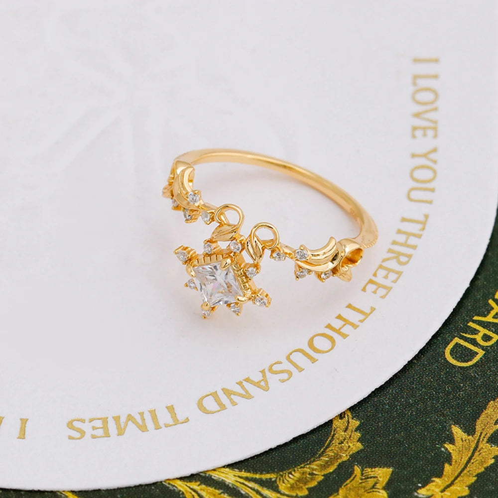 Emotional Factory 925 Sterling Silver 14K Gold Plated Vines Geometric Cube Stat Cz Zircon Ring