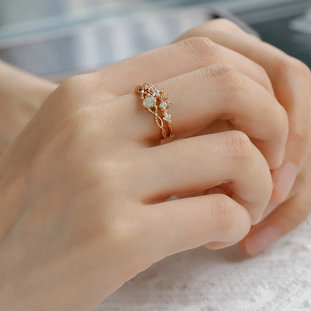 Emotional Anillos Verano Factory 925 Sterling Silver 14K Gold Plated Gem Stone Gemstone Irregular Rhombic Design Opal Ring Set