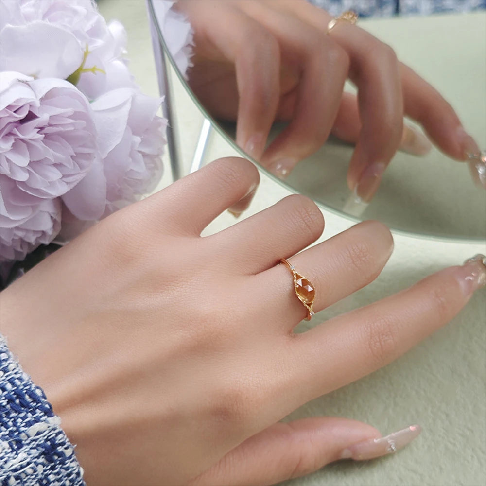 Joyeria Plata 925 Conjunto 925 Sterling Silver 14K Gold Plated Gemstone Geometrical Egg-Shaped Rings Spring Flowers Citrine Ring