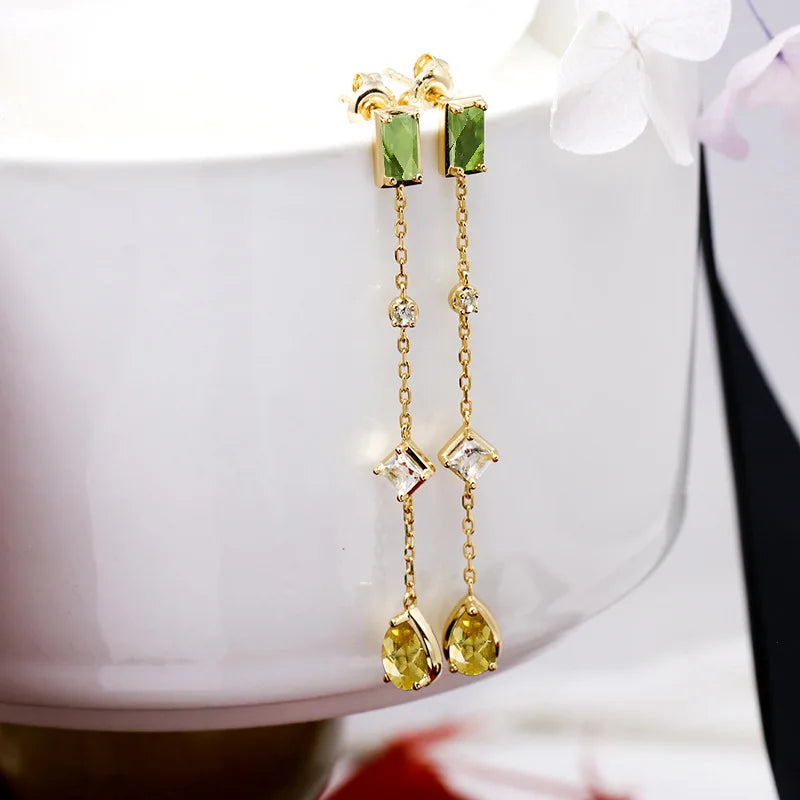 Emotional Factory 925 Sterling Silver 14K Gold Plated Gemstone Citrine White Topaz Peridot Tassels Earrings