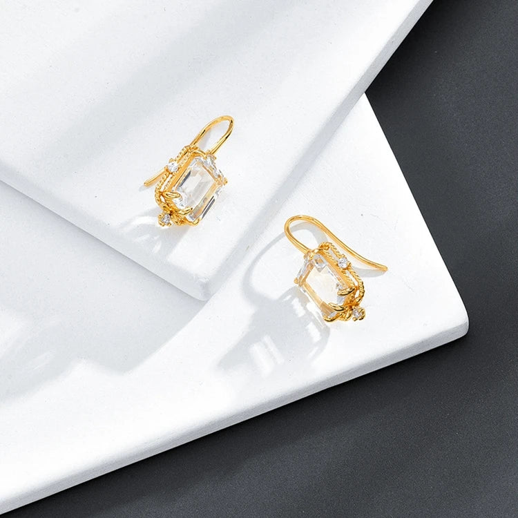 Emotional Factory 925 Sterling Silver 14K Gold Plated Gemstone Big White Crystal Zircon Hook Earrings