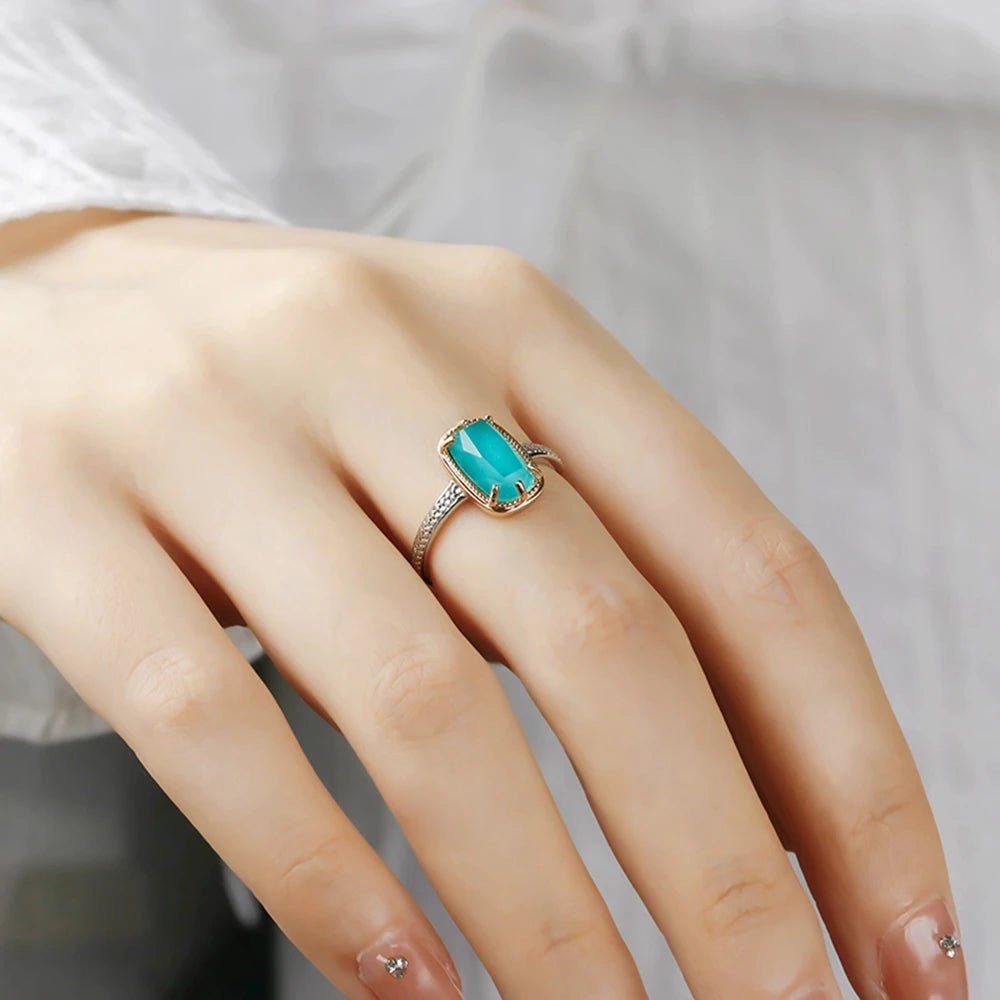 925 Sterling Silver 14K Gold Plated Gemstone  Rock Crystal Rectangles Layered Gemstones White Crystal Turquoise Ring