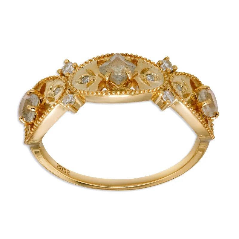 Bague Pour Femme Tendance 925 Sterling Silver  Gold Plated Gemstone Retro  Carved Cz Zircon Labradorite White Zirconium Ring