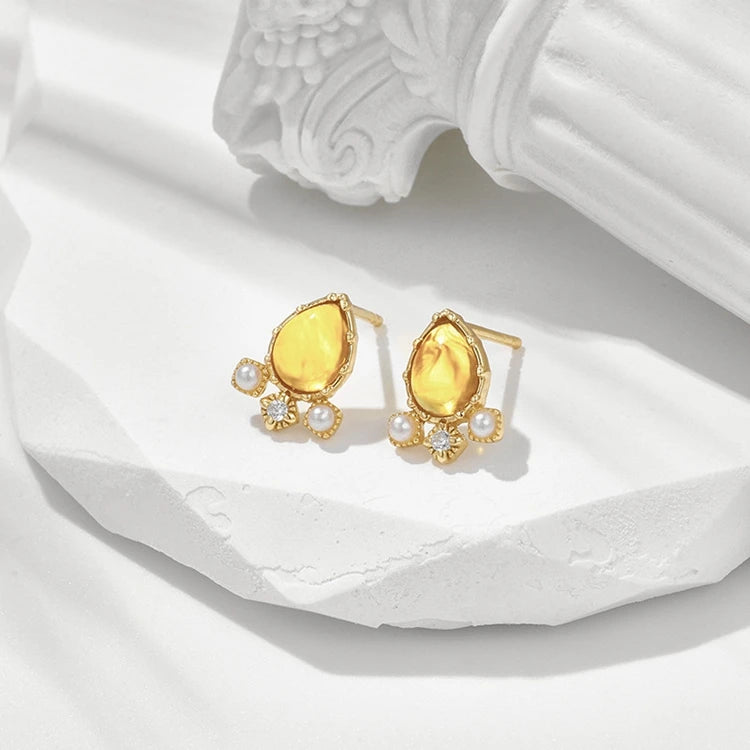 Emotional Factory 925 Sterling Silver 14K Gold Plated Gemstones Flowers Pendant Drop Amber Earrings