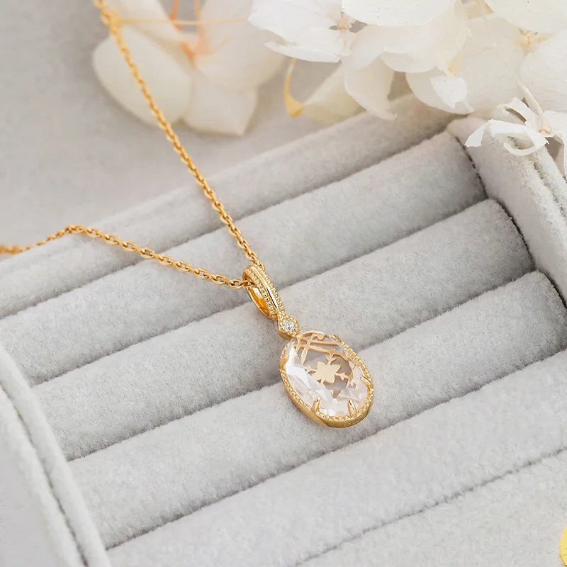 2023 Winter New Product Silver Plated 14K Gold Luxury Flower Bezel Pendant With Natural White Crystal