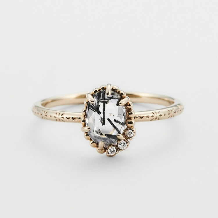 Emotional Factory 925 Sterling Silver 14K Gold Plated Gemstones Landscape Zircon Natural Black Hair Crystal Ring