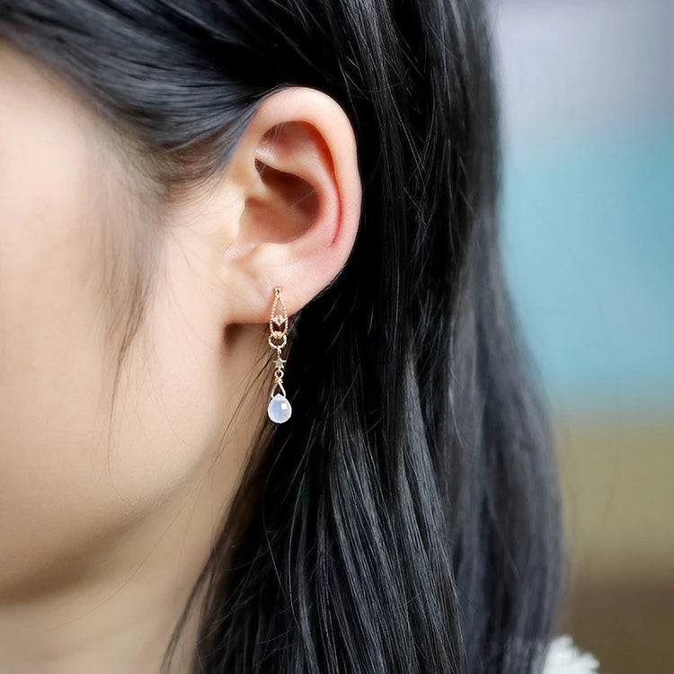 EmotiEmotional Factory 925 Sterling Silver 14K Gold Plated Gemstone White Chalcedony Premium ZIRCON Star Pendant Earrings