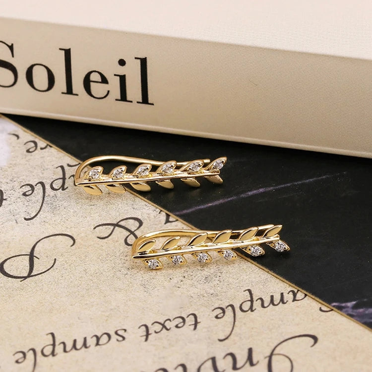 Emotional Factory 925 Sterling Silver 14K Gold Plated Cz Zircon Strip Long Light Luxury Leaf Design Earrings