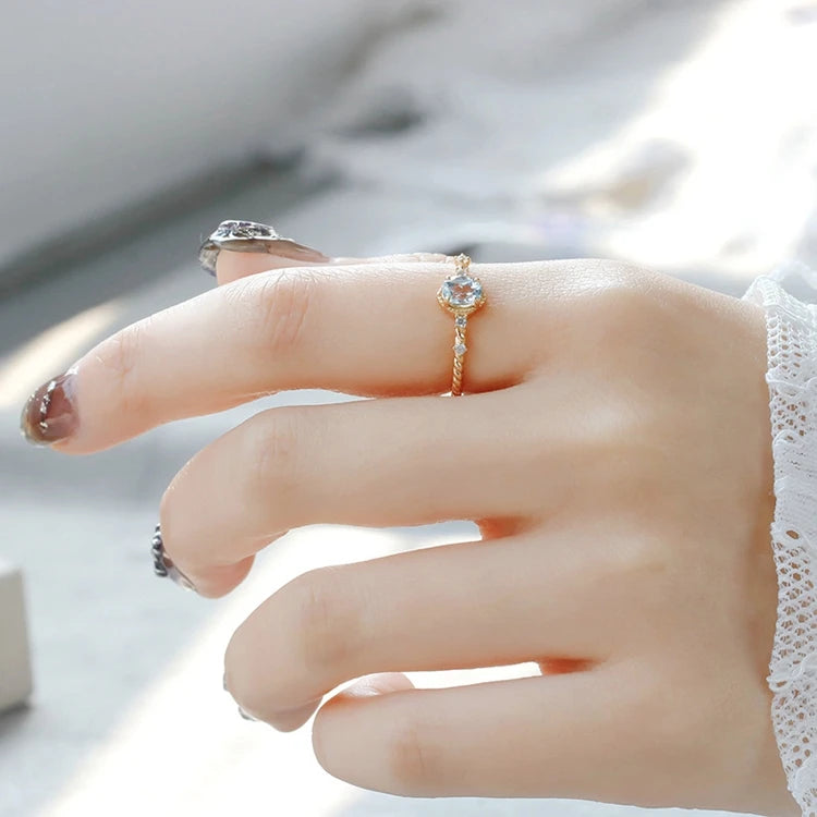 Emotional Factory 925 Sterling Silver 14K Gold Plated Gemstone Grain White Zircon Sky Blue Topaz Ring