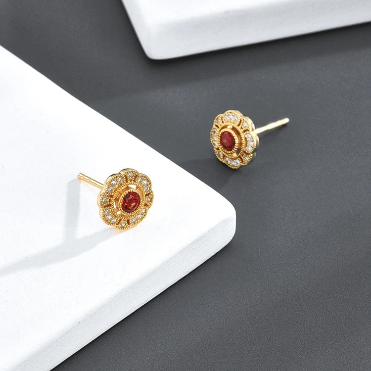 Emotional Factory 925 Sterling Silver 14K Gold Plated Gemstone Full Zircon Garnet Flower Round Stud Earrings