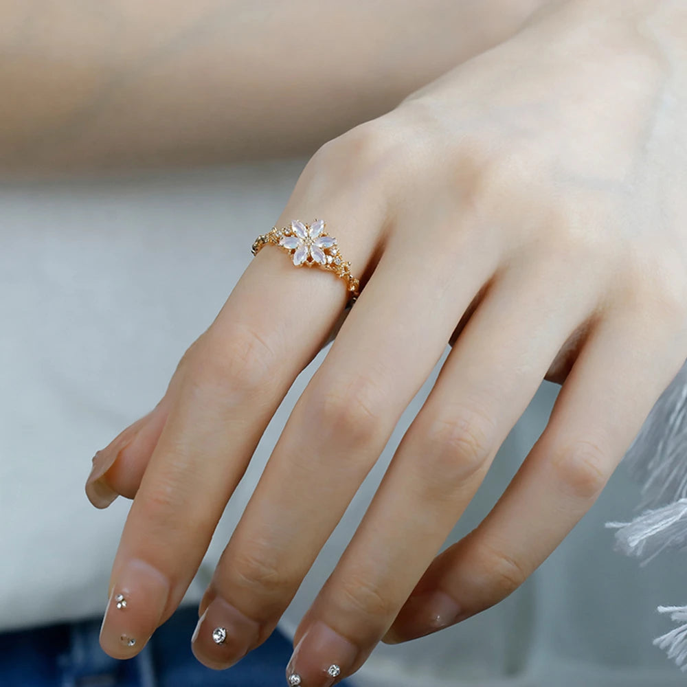 925 Sterling Silver 14K Gold Plated Gemstone Retro Hollow Flower Tanzanite Zircon Synthetic Artificial Opal Ring