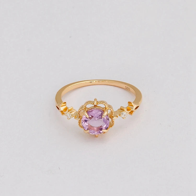 Emotional Factory 925 Sterling Silver 14K Gold Plated Gem Stone Gemstone Retro  Cz Zircon Flower Light Amethyst Ring