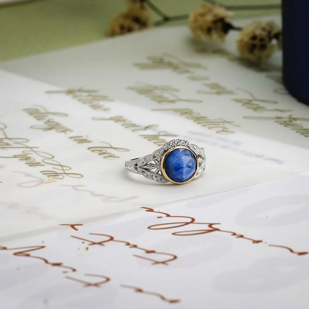 Emotional Factory 925 Sterling Silver 14K Gold Plated Gem Stone Gemstone Cz Zircon Literary Retro Kyanite Ring