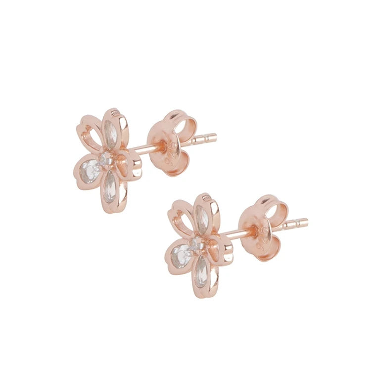 Emotional Factory 925 Sterling Silver 14K Rose Gold Plated Gemstones Five-Leaf Flower White Zircon Cherry Blossom Earrings