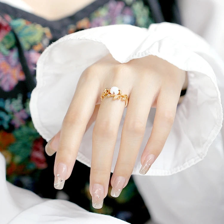 925 Sterling Silver 14K Gold Plated Gemstone Zircon Retro Stripes Pattern Vine Opal Ring