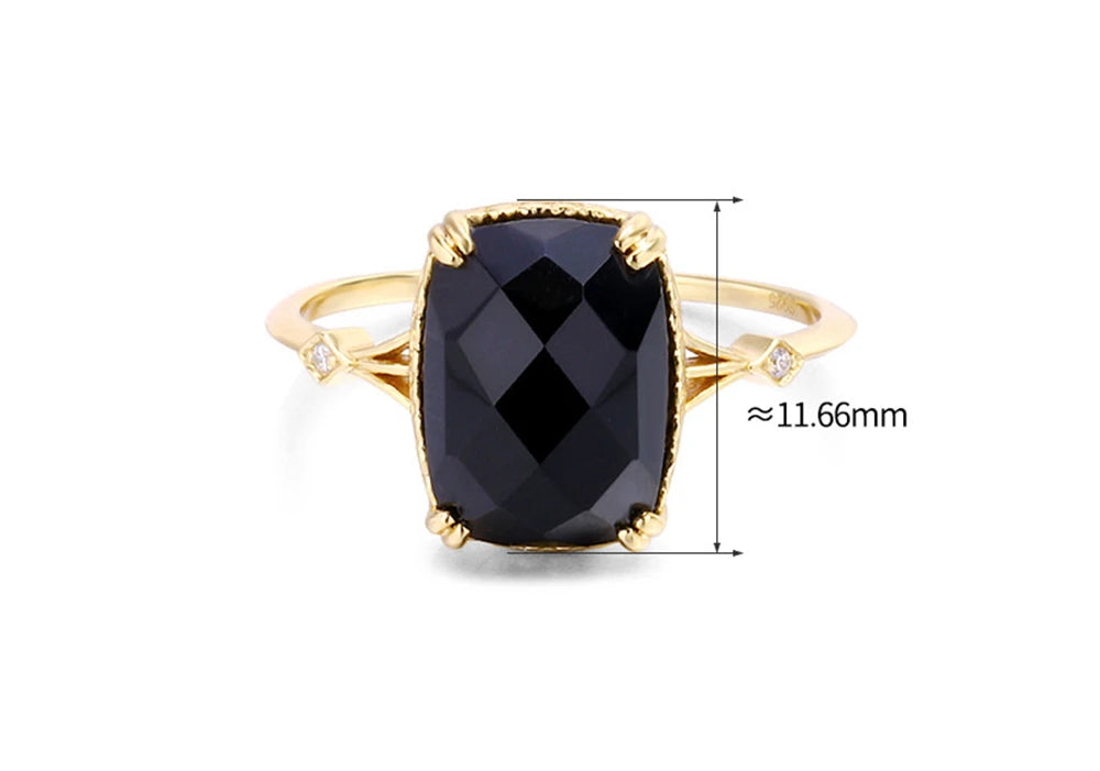 925 Sterling Silver 14K Gold Plated Gem Stone Vintage Style Geometrical Zircon Rectangular Black Agate Carnelian Onyx Ring