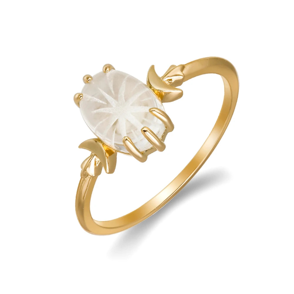 925 Sterling Silver 14K Gold Plated Gemstone Moon Star Starlight Rock Crystal White Crystal Ring