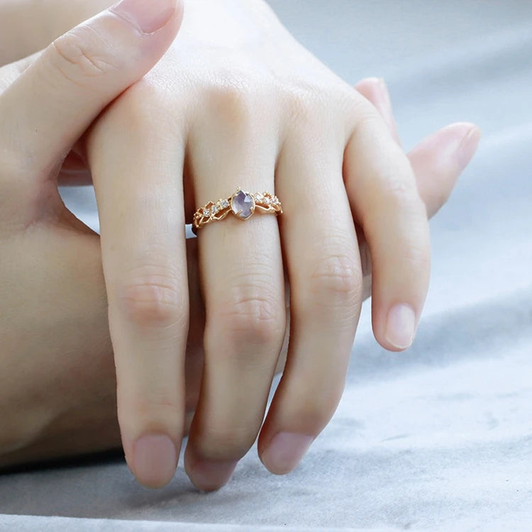 Emotional Factory 925 Sterling Silver 14K Gold Plated Gemstones Natural Cordierite Labradorite Vintage Floral Ring