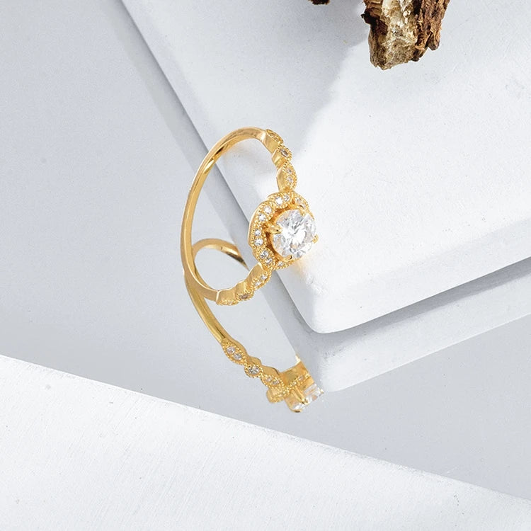 Emotional Factory 925 Sterling Silver 14K Gold Plated Gemstone 5Mm Horse'S Eye Stone Zicon Sparkling Moissanite Ring