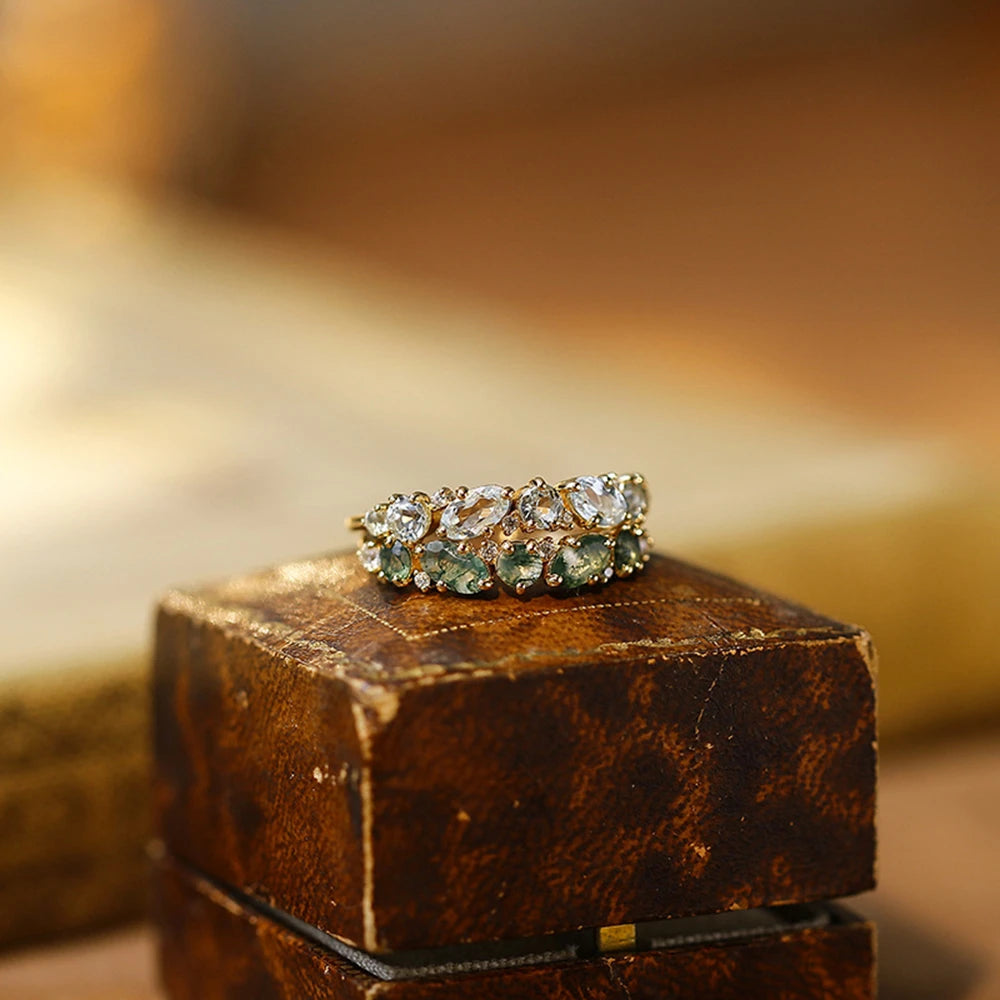 Emotional Factory 925 Sterling Silver 14K Gold Plated Gemstone Staggered Gem-Setting Geometric Round Stone Topaz Ring