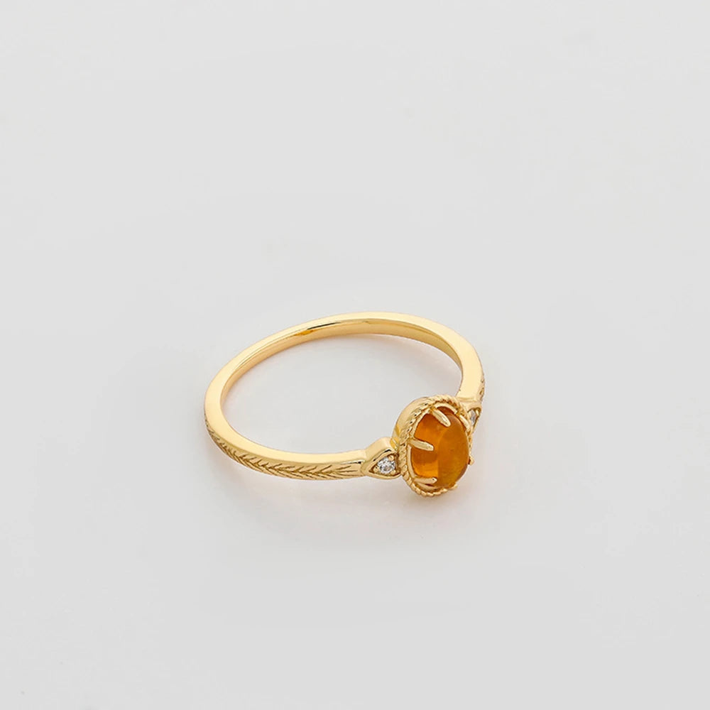 Emotional Factory 925 Sterling Silver 14K Gold Plated Gem Stone Gemstone Vintage Oval Amber Twig Rig Carved Zirconia Ring