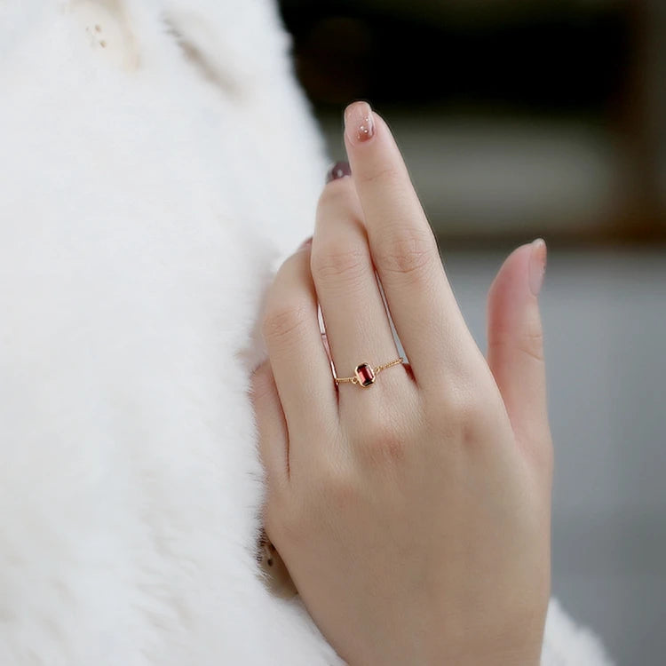 925 Sterling Silver 14K Gold Plated Gemstone Gem Natural Garnet Jewelry Chain Ring