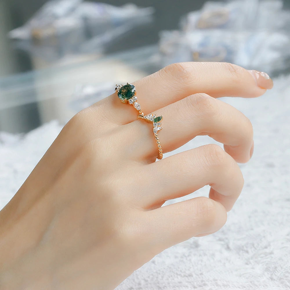 925 Sterling Silver 14K Gold Plated Gemstone Twist Cz Zircon Aqua Agate Two-Piece Gem Stone Ring Set